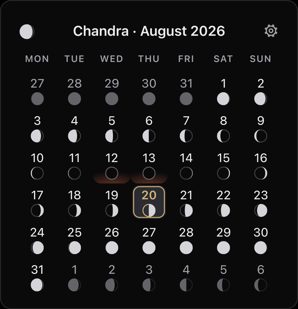 A month grid for August 2026. Each day shows its number above a drawn moon phase; the 20th is ringed in gold as today.