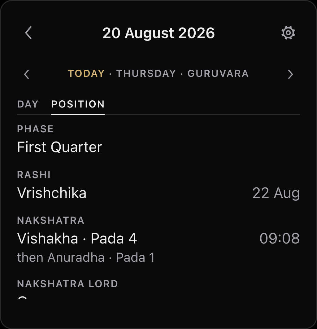 The day view for 20 August 2026, showing phase, rashi with its end date, and nakshatra with pada and the time it changes.
