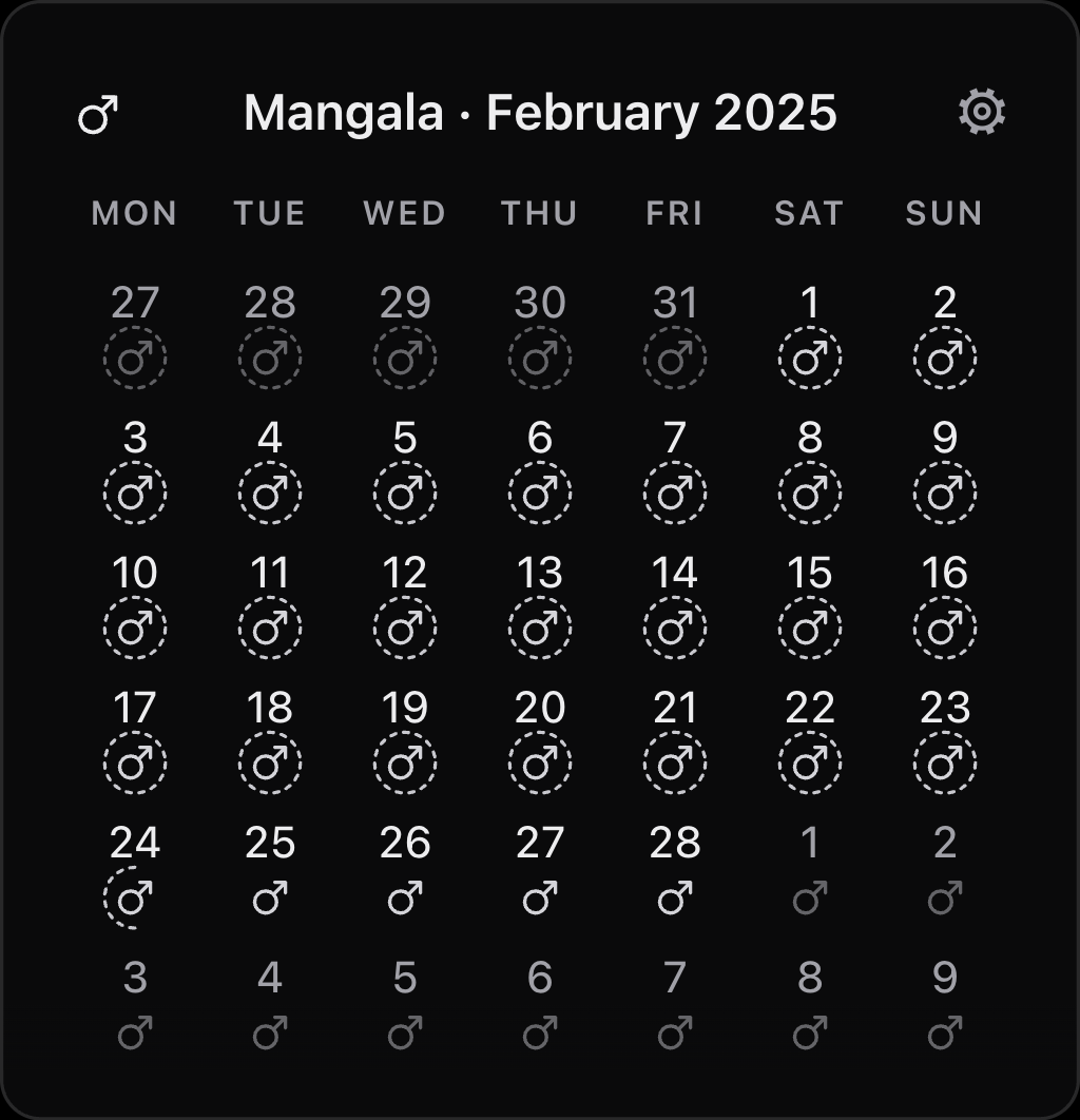 A month grid for Mangala, February 2025. Most days carry the Mars glyph inside a dashed ring; from the 25th the ring is gone.