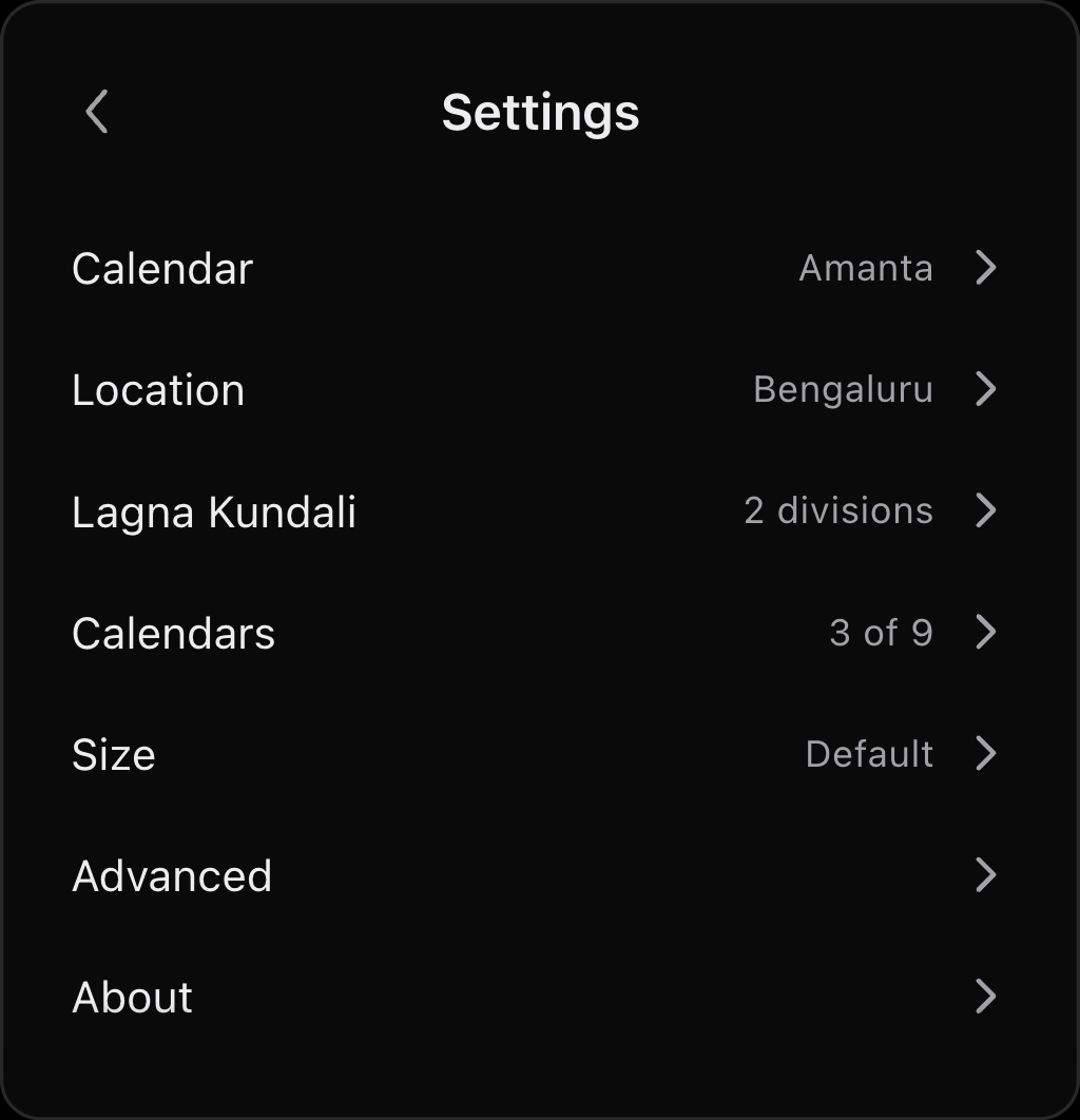 The settings list: Calendar, Location, Lagna Kundali, Calendars, Size, Advanced and About.